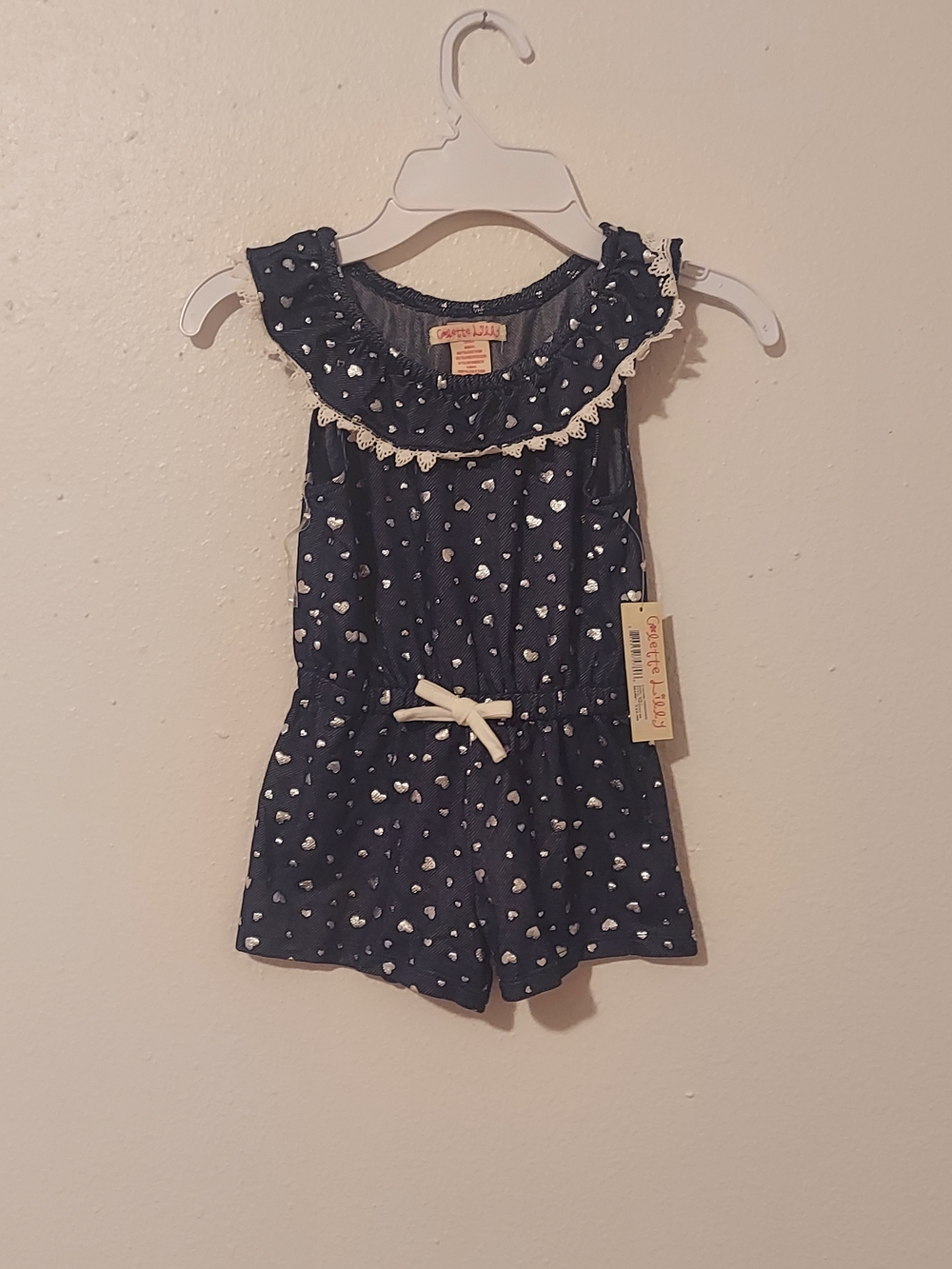 Navy Heart Print Ruffled Romper